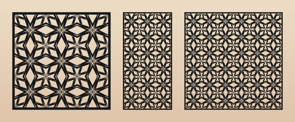 Laser cut patterns. Vector set with floral geometric ornament, abstract grid, mesh. Traditional Asian style design. Template for cnc cutting, decorative panels of wood, metal. Aspect ratio 1:2, 1:1