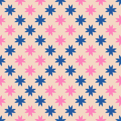 Abstract floral seamless pattern. Vector ornamental background with simple geometric flowers, pink and blue silhouettes on beige backdrop. Elegant retro style texture. Repeat geo design