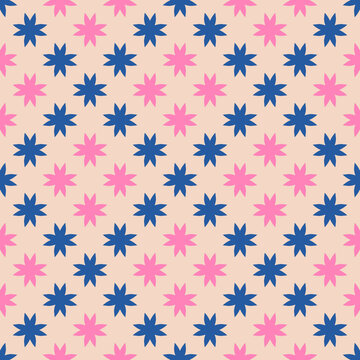 Abstract floral seamless pattern. Vector ornamental background with simple geometric flowers, pink and blue silhouettes on beige backdrop. Elegant retro style texture. Repeat geo design