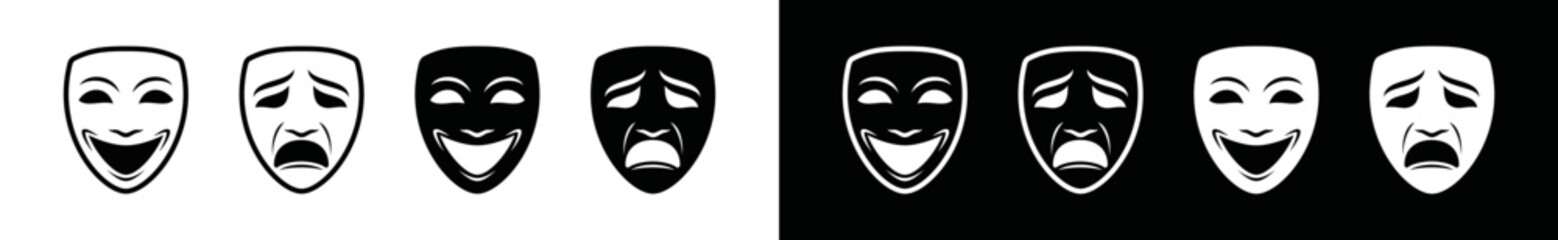 Theater mask icon set. Masquerade icon. Drama theater mask sign. Happy and sad mask symbol with line or outline and flat style for apps and websites, vector illustration