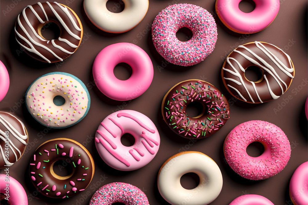 Wall mural Colorful donuts background. Vibrant color glazed doughnuts with sprinkles decoration top view, AI generative