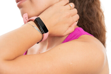 Close-up of smartwatch on female model wrist as sports concept