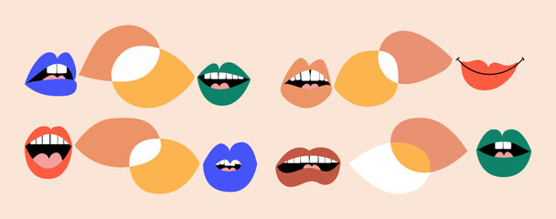Set of lips with various expressions. Empty speaking blobs. Gossip, conversation, podcast, discussion. - obrazy, fototapety, plakaty