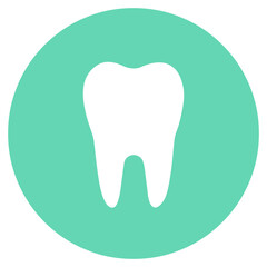 Vector tooth icon. Tooth green button. Symbol. White tooth with blue path. Vector illustration. 