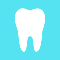 Tooth icon on blue. Symbol. White tooth with blue background. Vector illustration. 