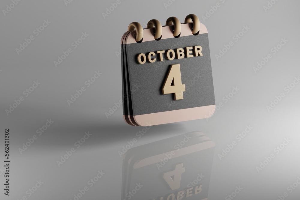 Aufkleber Standing black and golden month lined desk calendar with date October 4. Modern design with golden elements, 3d rendering illustration. White ceramic reflection background...