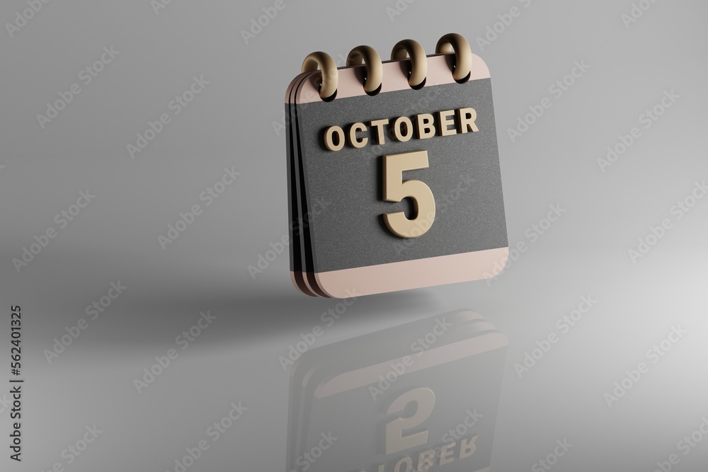 Aufkleber Standing black and golden month lined desk calendar with date October 5. Modern design with golden elements, 3d rendering illustration. White ceramic reflection background...