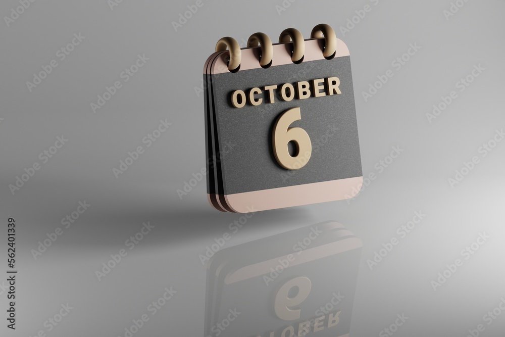 Poster Standing black and golden month lined desk calendar with date October 6. Modern design with golden elements, 3d rendering illustration. White ceramic reflection background...