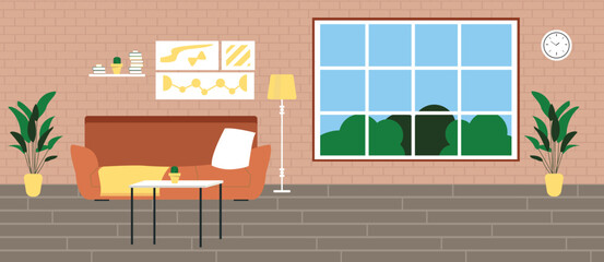 Living room with furniture and big window. Flat style vector interior illustration. Sofa, flowers. Daylight apartments. Hotel suite. Renting an apartment.