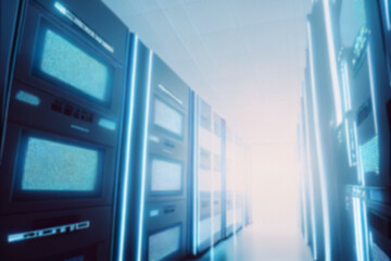 Blurred background of a futuristic interior of a computer server room, data centre hall. Generative AI illustration.