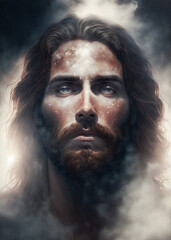 Jesus Christ in Heaven surrounded by clouds and light portrait. Ascension of Christ. Son of God our Lord saviour. AI Generative