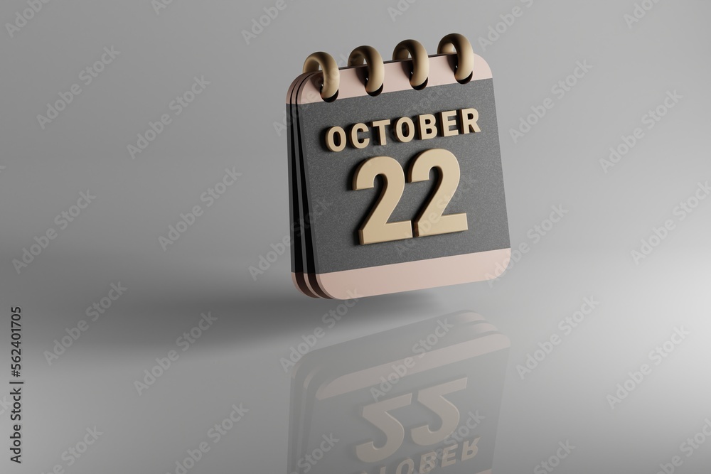 Poster Standing black and golden month lined desk calendar with date October 22. Modern design with golden elements, 3d rendering illustration. White ceramic reflection background...