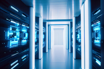 Blurred background of a futuristic interior of a computer server room, data centre hall. Generative AI illustration.