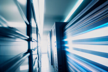 Obraz premium Blurred background of a futuristic interior of a computer server room, data centre hall. Generative AI illustration.