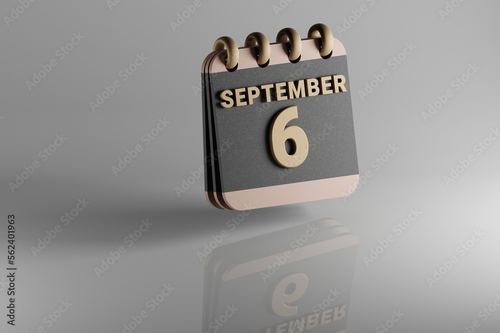 Poster Standing black and golden month lined desk calendar with date September 6.. Modern design with golden elements, 3d rendering illustration. White ceramic reflection background...