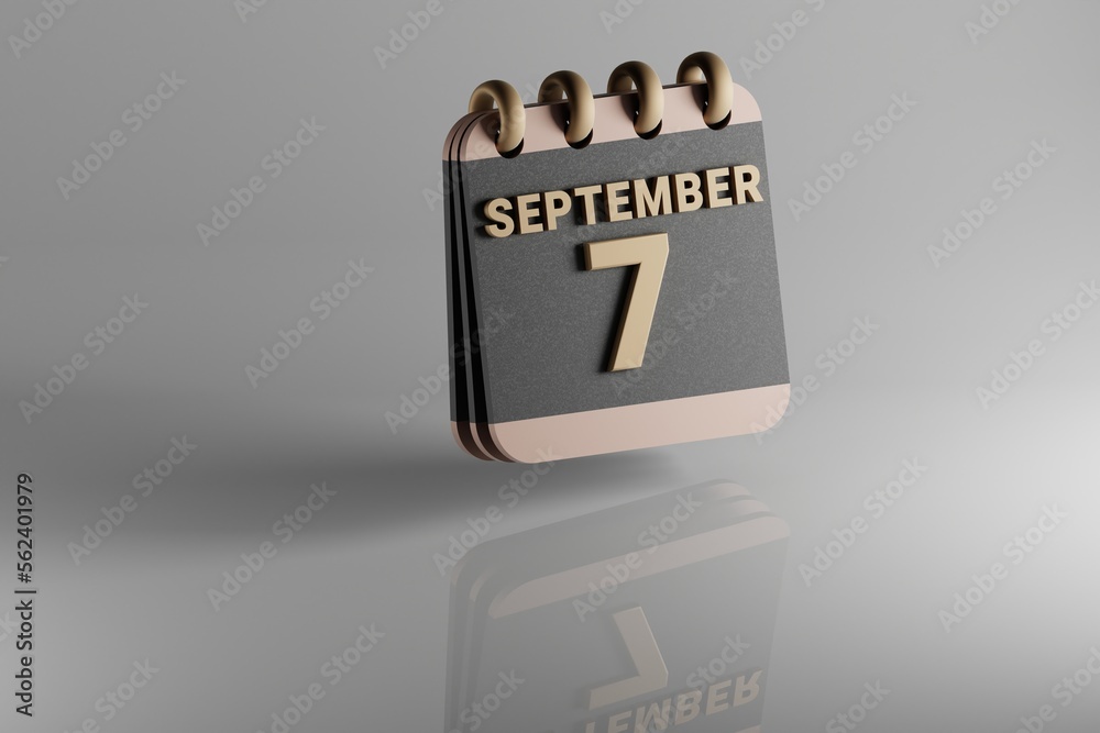 Poster Standing black and golden month lined desk calendar with date September 7. Modern design with golden elements, 3d rendering illustration. White ceramic reflection background...
