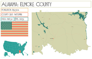 Large and detailed map of Elmore county in Alabama, USA.