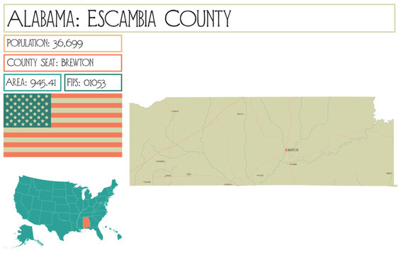 Large and detailed map of Escambia county in Alabama, USA.