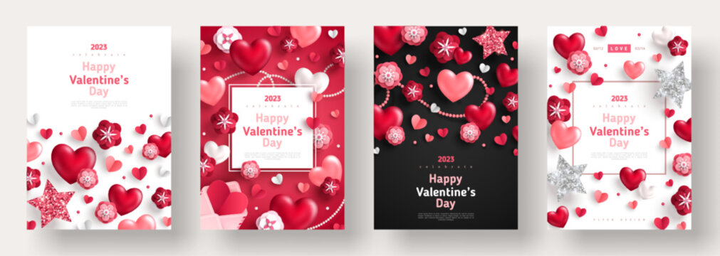 Valentine's day concept posters set. Vector illustration. 3d red and pink paper hearts with frame, rose flowers background. Cute love sale banner, voucher template, greeting card. Place for text.