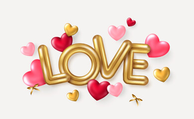 Valentines day concept poster. Vector illustration. Gold text, love font logo. 3d pink red hearts, golden ribbon isolated on white background. Cute banner, mother day voucher greeting card