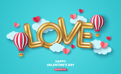 Fototapeta Valentin day concept poster. Vector illustration. Gold love font logo. Paper hearts, clouds, flying hot air balloon icons, blue romantic background. Cute banner, mother day voucher greeting card obraz