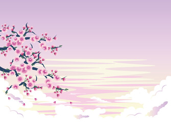 Obraz na płótnie Canvas Spring background with a blossoming sakura branch against the background of a vanilla sky in pastel colors. Vector illustration.