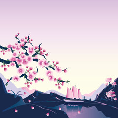 Horizontal vector illustration of a beautiful spring landscape with cherry blossoms, mountains and a sailboat on a lilac background. Background for a spring card or poster.