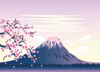 Spring landscape with a blossoming cherry branch, a snow-covered volcano against a background of a vanilla sky in pastel colors. Vector illustration.