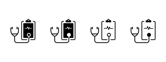 Medical checkup clipboard with stethoscope and pulse icon. Healthcare report concept in flat style concept.	