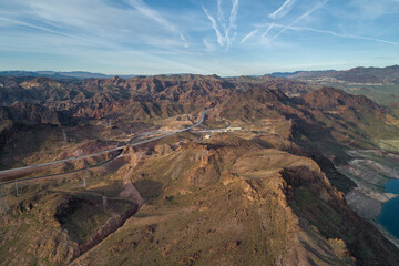 Lake Mead in Nevada Overlook place with Mountain and Road in Background. Sightseeing Place, next to Hoover Dam. USA