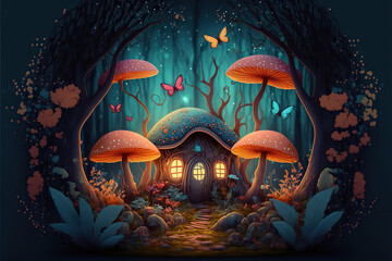 Illustration of a fairy house with mushrooms and butterflies in a magical fantasy forest, Generative AI