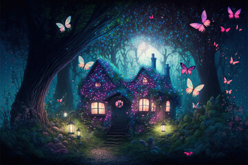 Fairy house in a magical fantasy forest with butterflies and purple fireflies, Generative AI
