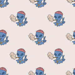 Smoking alien vector seamless pattern. Repeat elements background for textile, design, fabric, cover etc.