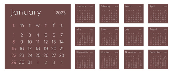 Monthly calendar template for 2023 year. Week start on Sunday.