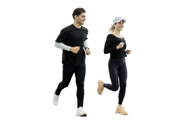 Running man and woman joggers jogging style sportswear running transparent background.
