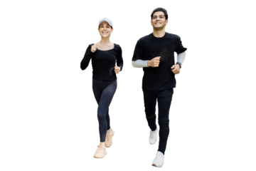 Man and woman full-length joggers style jogging sportswear and running shoes transparent background.