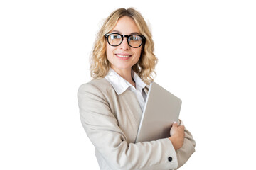 Business woman with glasses manager using office tablet, transparent background.