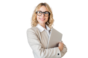 Business woman with glasses manager using office tablet, transparent background.