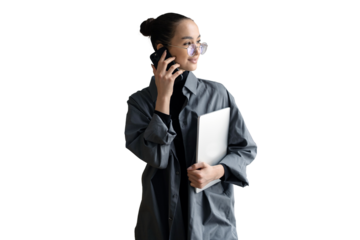 A smart woman with glasses calling on the phone in formal clothes holds a tablet, transparent background.