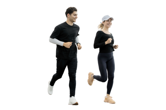 Running man and woman joggers jogging style sportswear running transparent background.