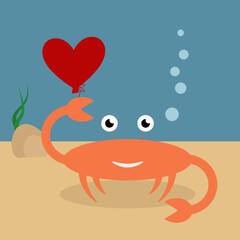 simple vector illustration red cartoon crab with heart