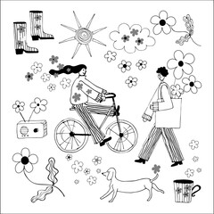 A woman on a bicycle and a man with a dog are riding towards: a girl on a bicycle, a guy, a couple, adults, spring in the park, spring mood, blooming, date, dog, joyful mood, love, spring, hand-drawn 