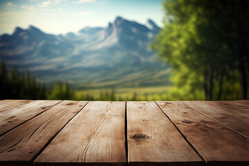 Table on the background of a landscape. Generative AI.