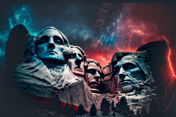 Happy 4th of July wallpaper with Mount Rushmore National Memorial and colors of the United States flag. Generative AI. - obrazy, fototapety, plakaty