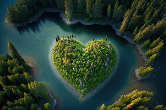Heart shaped island in nordic forest landscape aerial view. Generatic AI.
