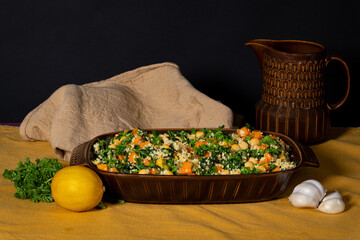dish with couscous and chickpea salad