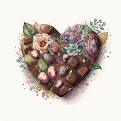illustration, heart made of flowers and chocolate, image generated by AI