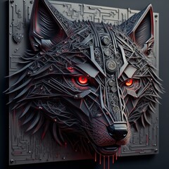 Cybernetic wolf with red glowing eyes. High quality illustration