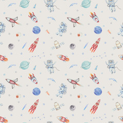 Watercolor illustration. Seamless pattern of hand painted spacemen, rockets, spaceships in outer space. Planets Uranus, Neptun, moon, stars, comet, Ursa Major. Space Day. Print on beige background © Olga Sidelnikova
