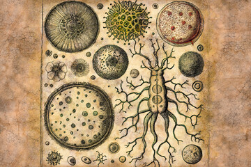 Obraz na płótnie Canvas Drawings of microbes in antique book, illustration